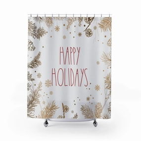 Christmas Shower Curtain | Happy Holidays Beige Festive Leaves Lighting,Home Lighting