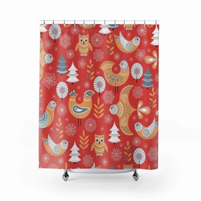 Christmas Shower Curtain | Red Beige White Nordic Folk Birds Lighting,Home Lighting