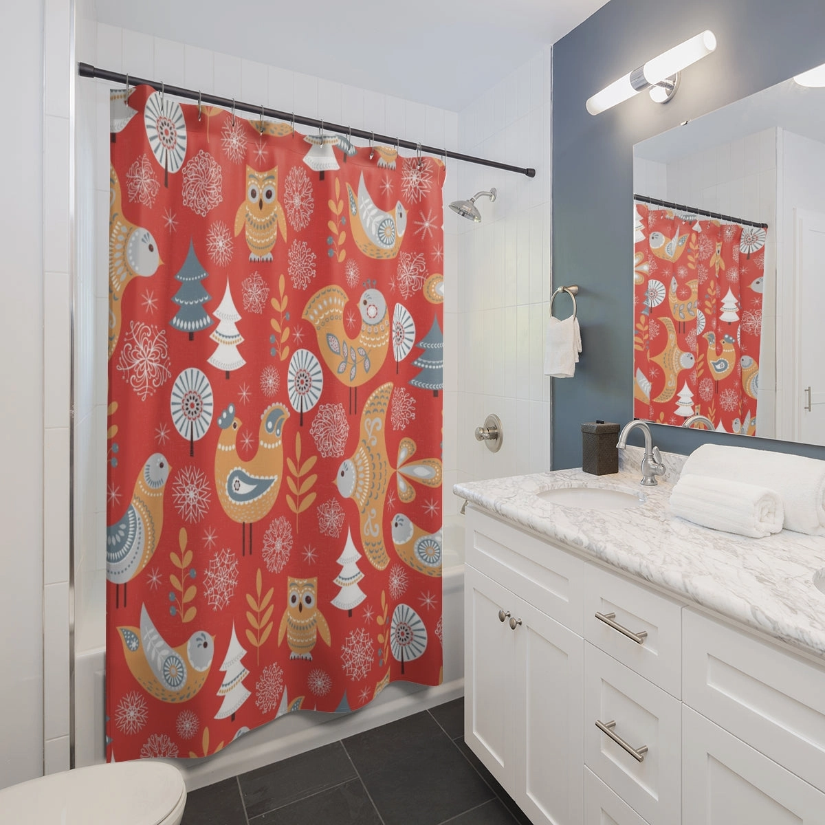 Christmas Shower Curtain | Red Beige White Nordic Folk Birds