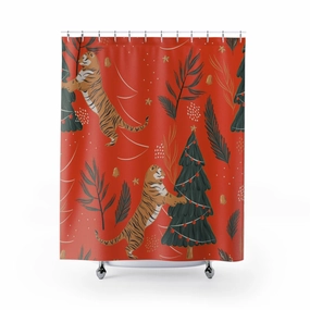 Christmas Shower Curtain | Red Christmas Tree Tigers Lighting,Home Lighting