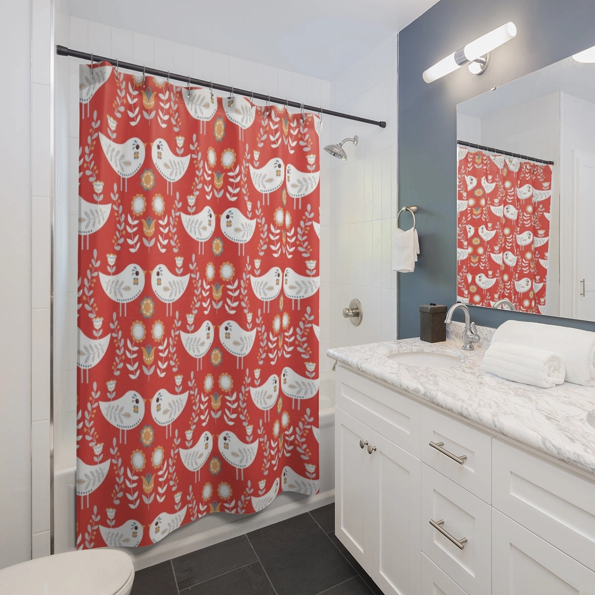 Christmas Shower Curtain | Red White Nordic Folk Birds