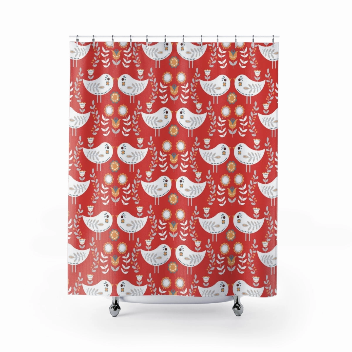 Christmas Shower Curtain | Red White Nordic Folk Birds Lighting,Home Lighting