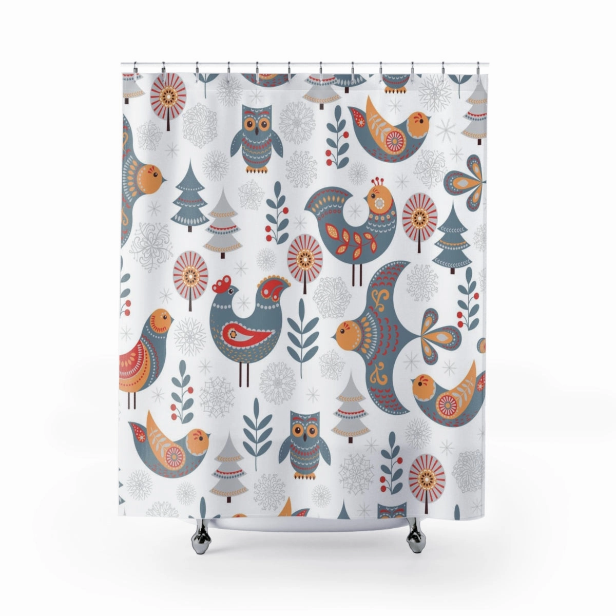 Christmas Shower Curtain | White Gray Red Nordic Folk Birds Lighting,Home Lighting