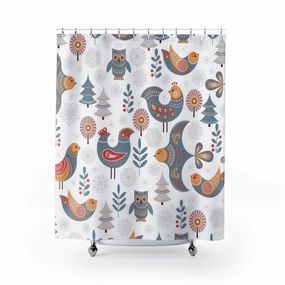 Christmas Shower Curtain | White Gray Red Nordic Folk Birds Lighting,Home Lighting