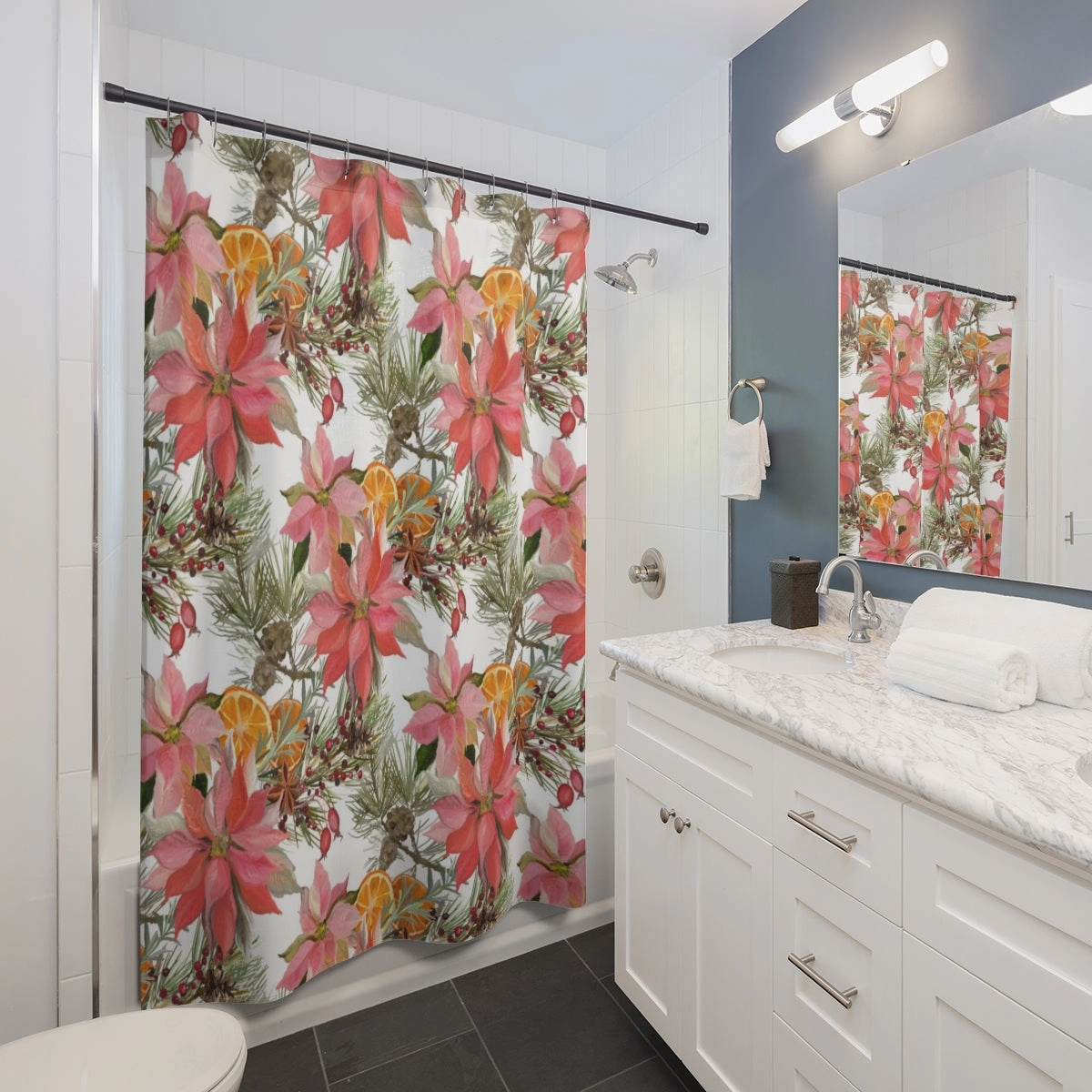 Christmas Shower Curtain | White Green Red Poinsettia