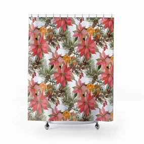 Christmas Shower Curtain | White Green Red Poinsettia Lighting,Home Lighting