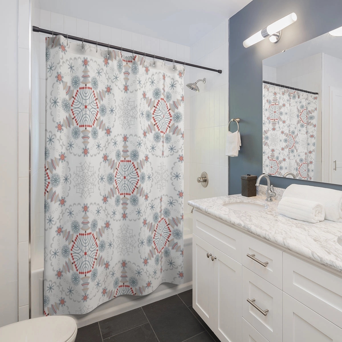 Christmas Shower Curtain | White Red Gray Winter Snowflakes