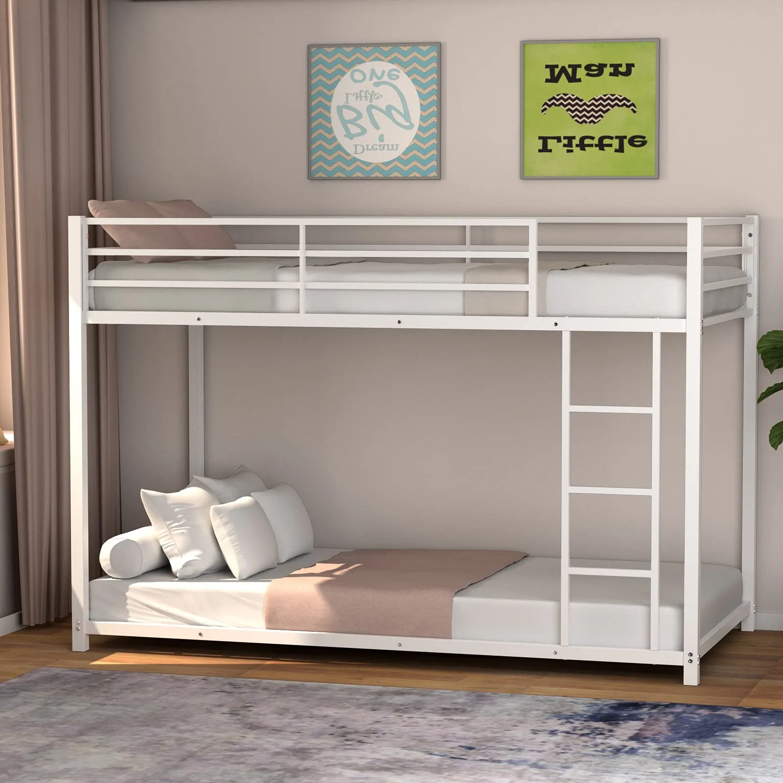 Classic Bunk Bed Frame with Safety Guard Rails & Side Ladder