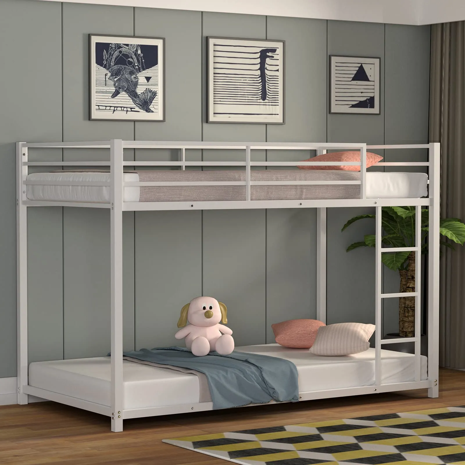 Classic Bunk Bed Frame with Safety Guard Rails & Side Ladder