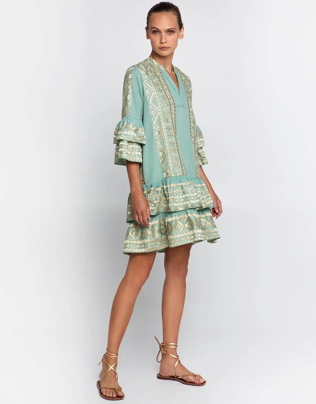 Classic Triangle Layered Mini Dress with Sash - Sea Green and Gold