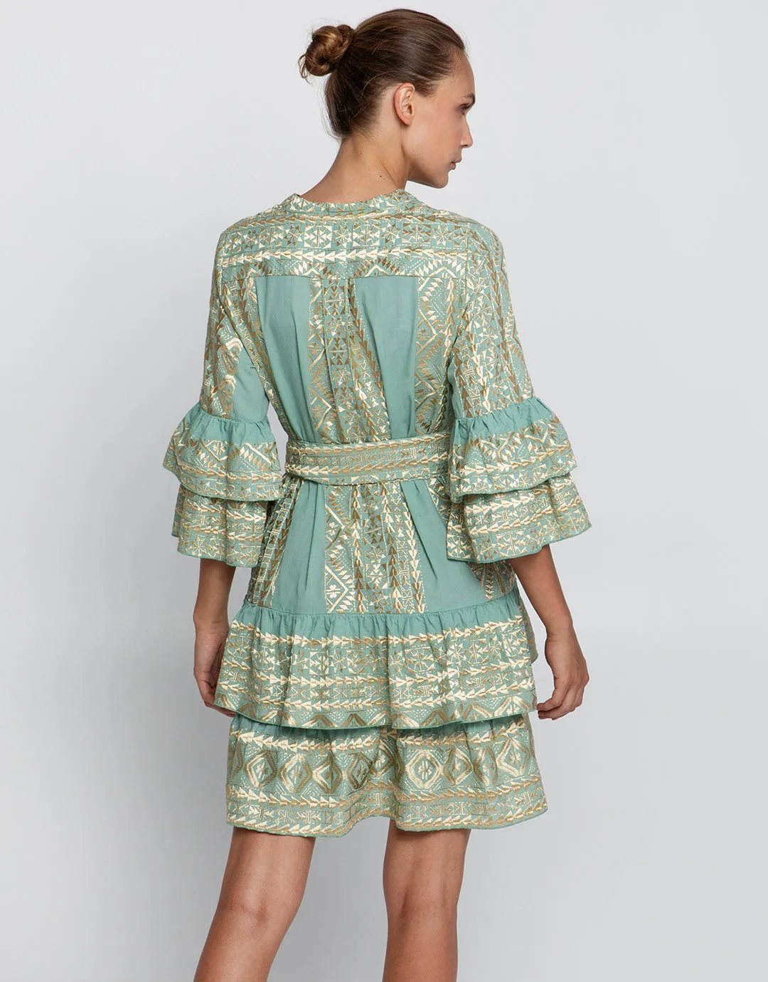 Classic Triangle Layered Mini Dress with Sash - Sea Green and Gold