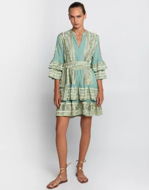 Classic Triangle Layered Mini Dress with Sash - Sea Green and Gold