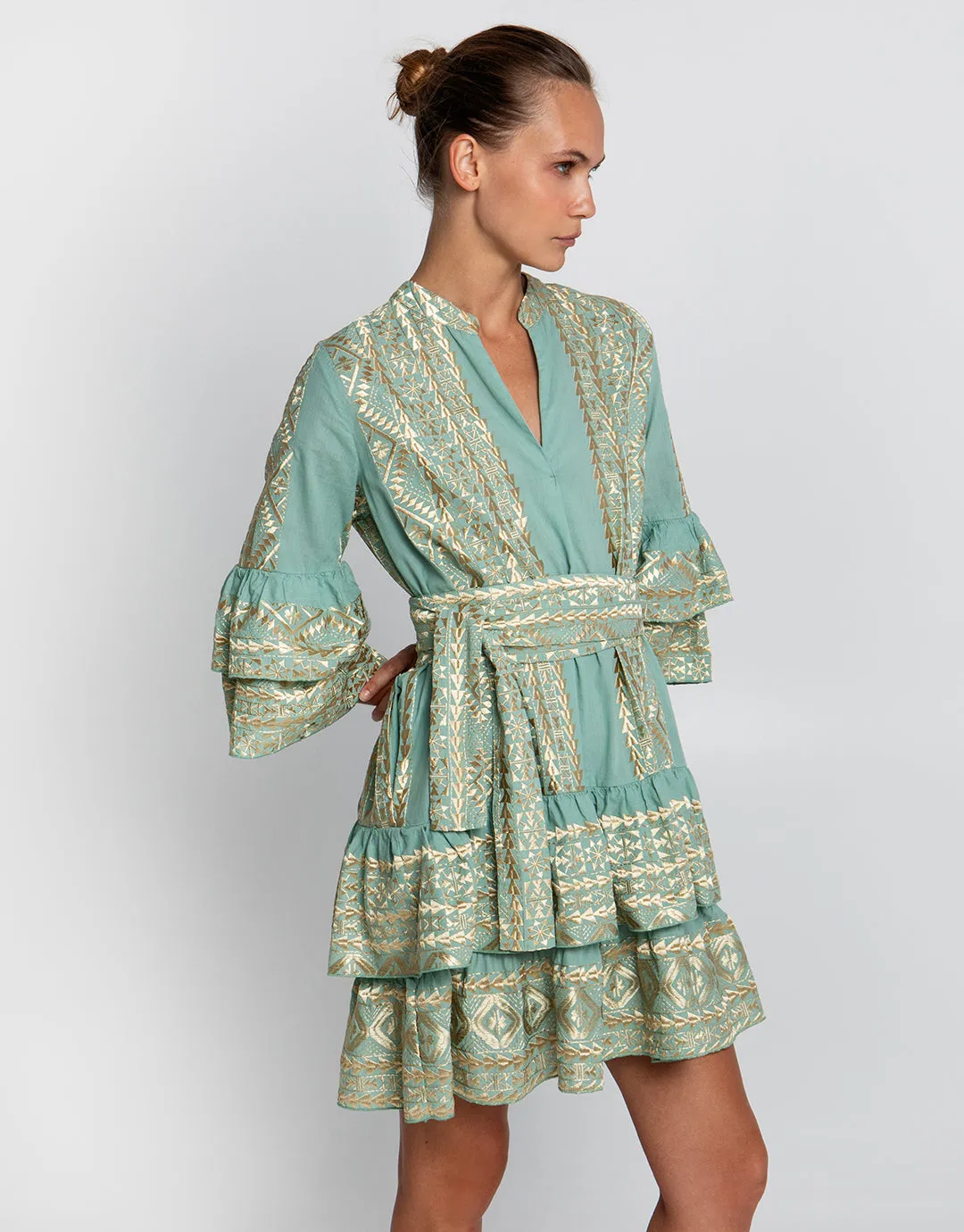 Classic Triangle Layered Mini Dress with Sash - Sea Green and Gold