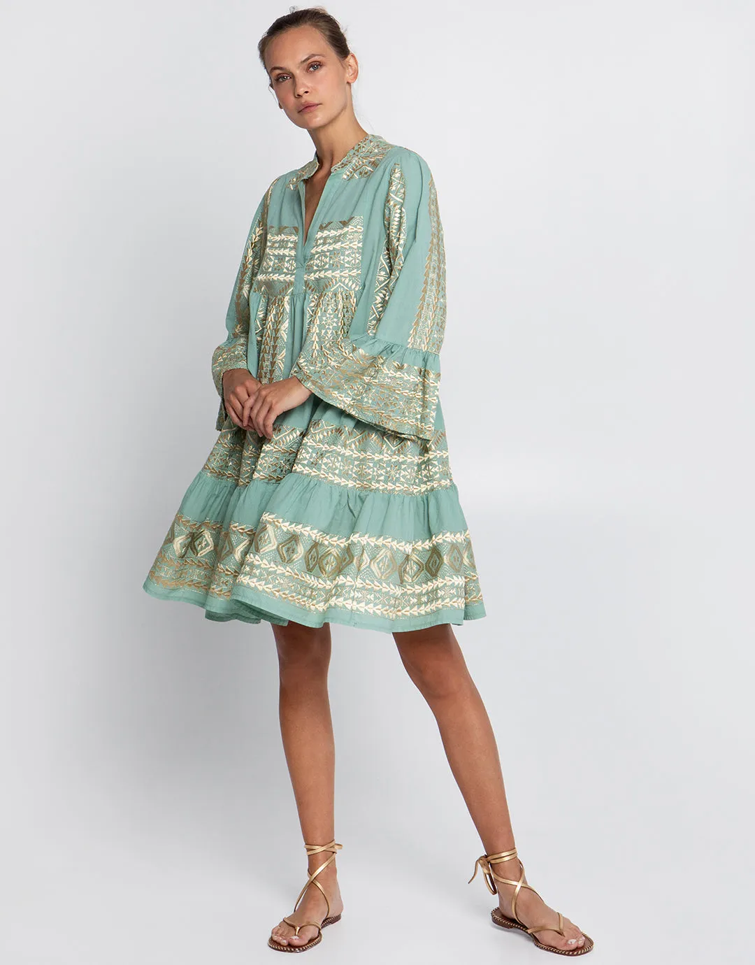 Classic Triangle Long Sleeve Mini Dress - Sea Green and Gold