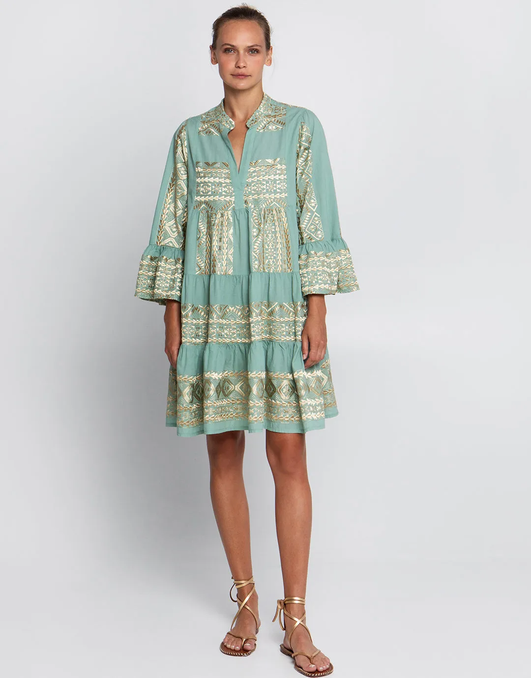 Classic Triangle Long Sleeve Mini Dress - Sea Green and Gold