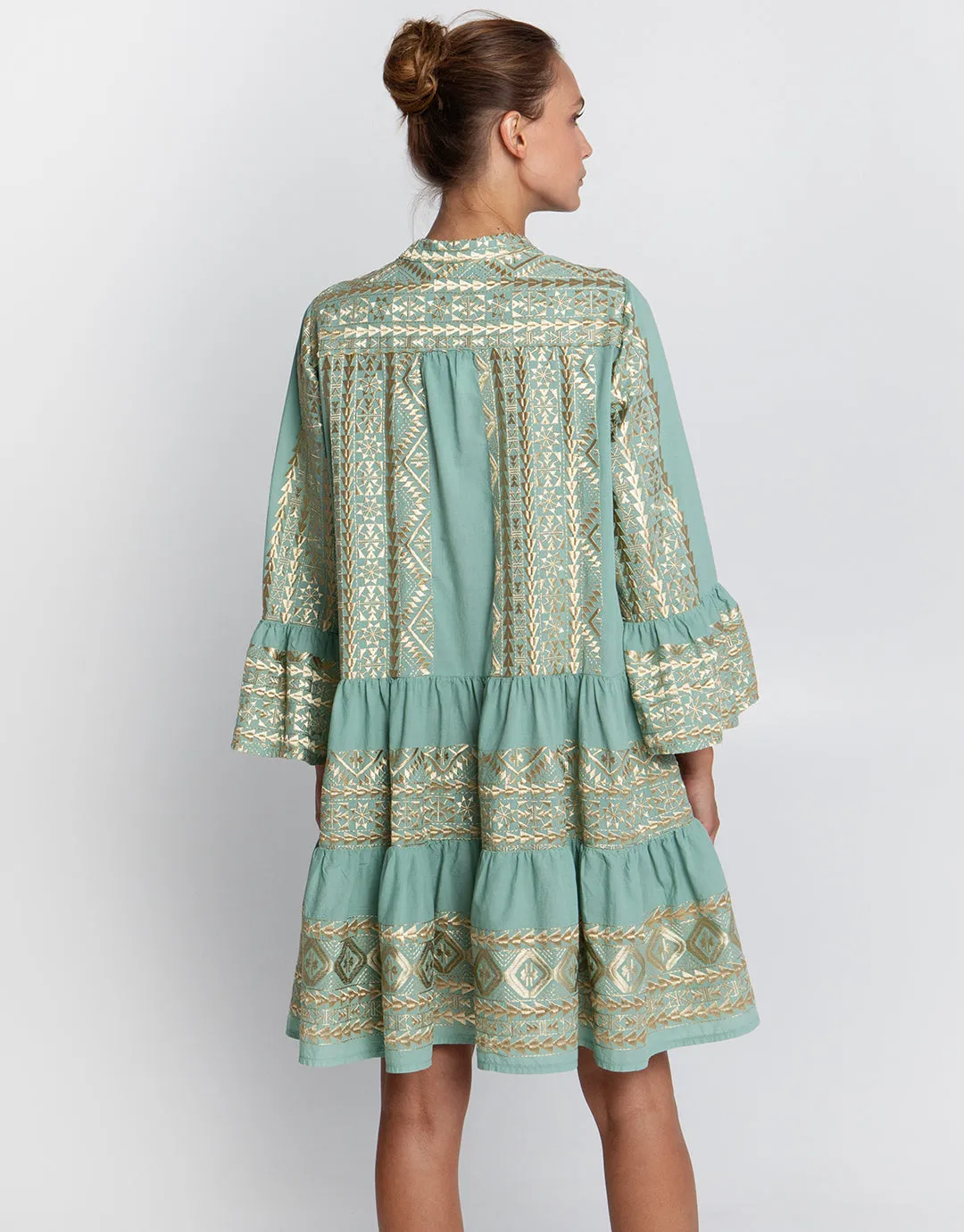 Classic Triangle Long Sleeve Mini Dress - Sea Green and Gold