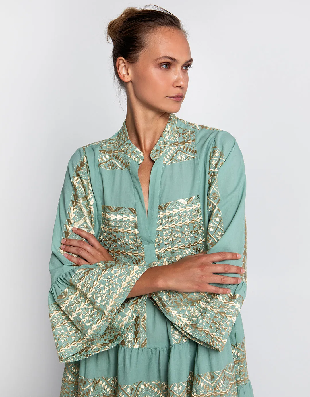 Classic Triangle Long Sleeve Mini Dress - Sea Green and Gold