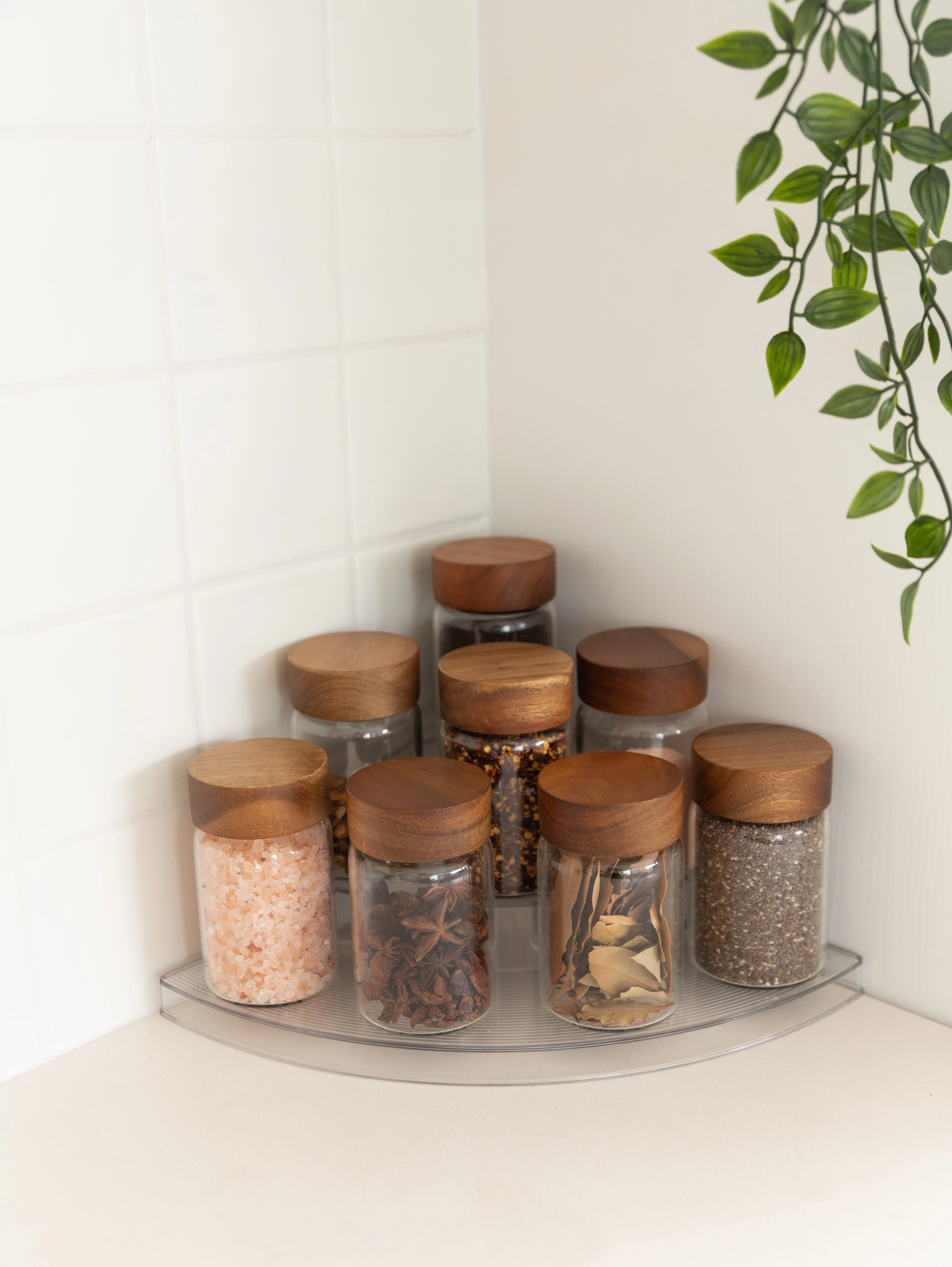 Clear 3-Tier Corner Shelf with 8x250ml Acacia Spice Jars