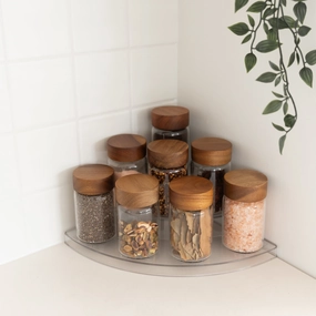 Clear 3-Tier Corner Shelf with 8x250ml Acacia Spice Jars Figurines,Decorative Ornaments
