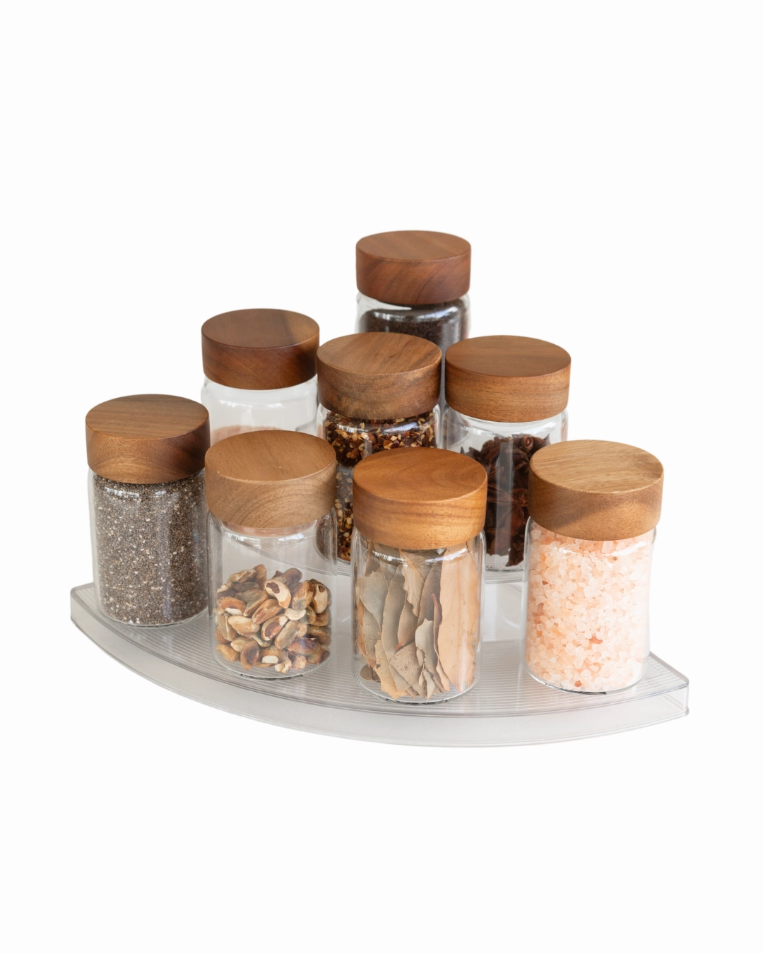 Clear 3-Tier Corner Shelf with 8x250ml Acacia Spice Jars