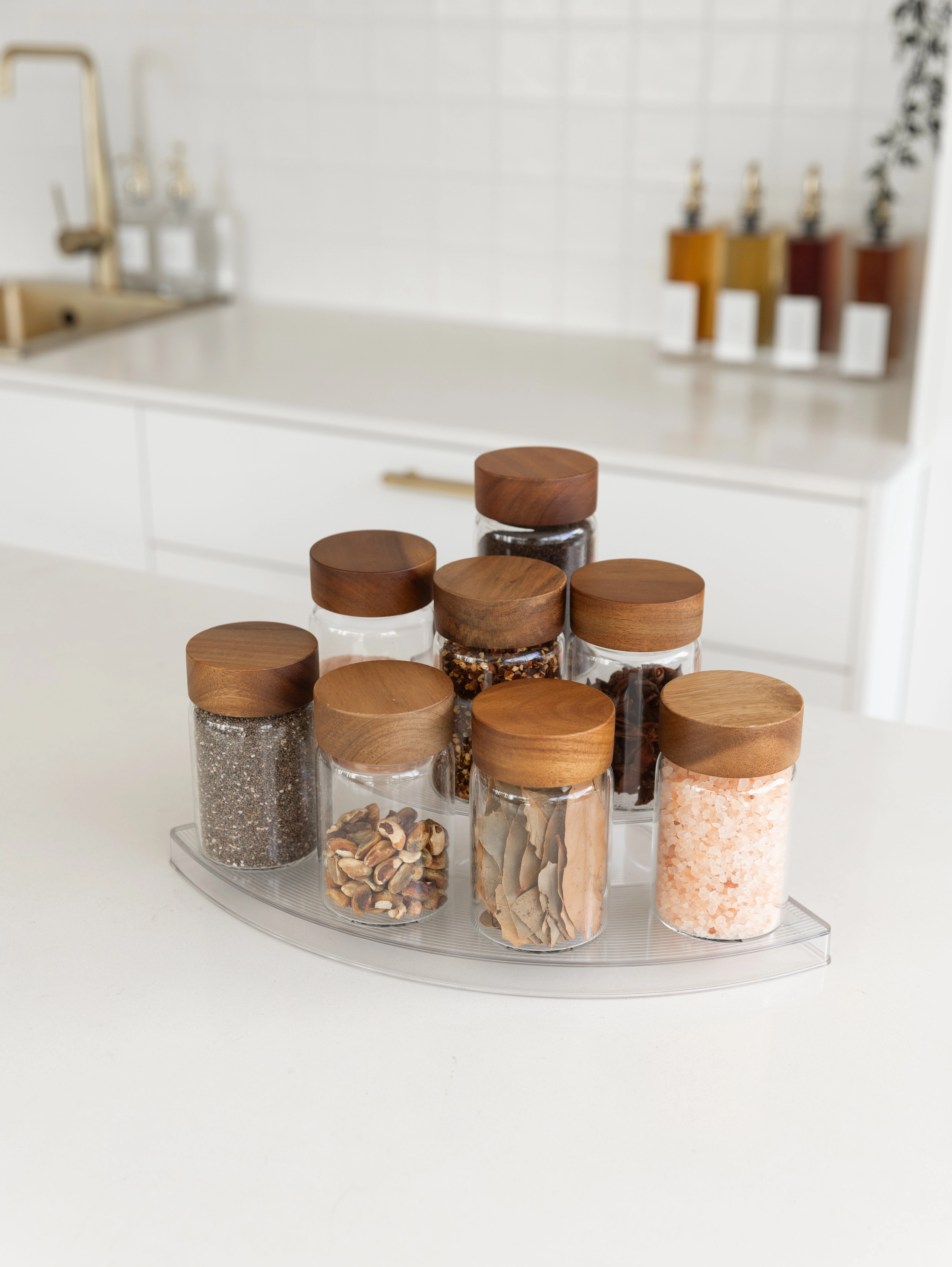 Clear 3-Tier Corner Shelf with 8x250ml Acacia Spice Jars