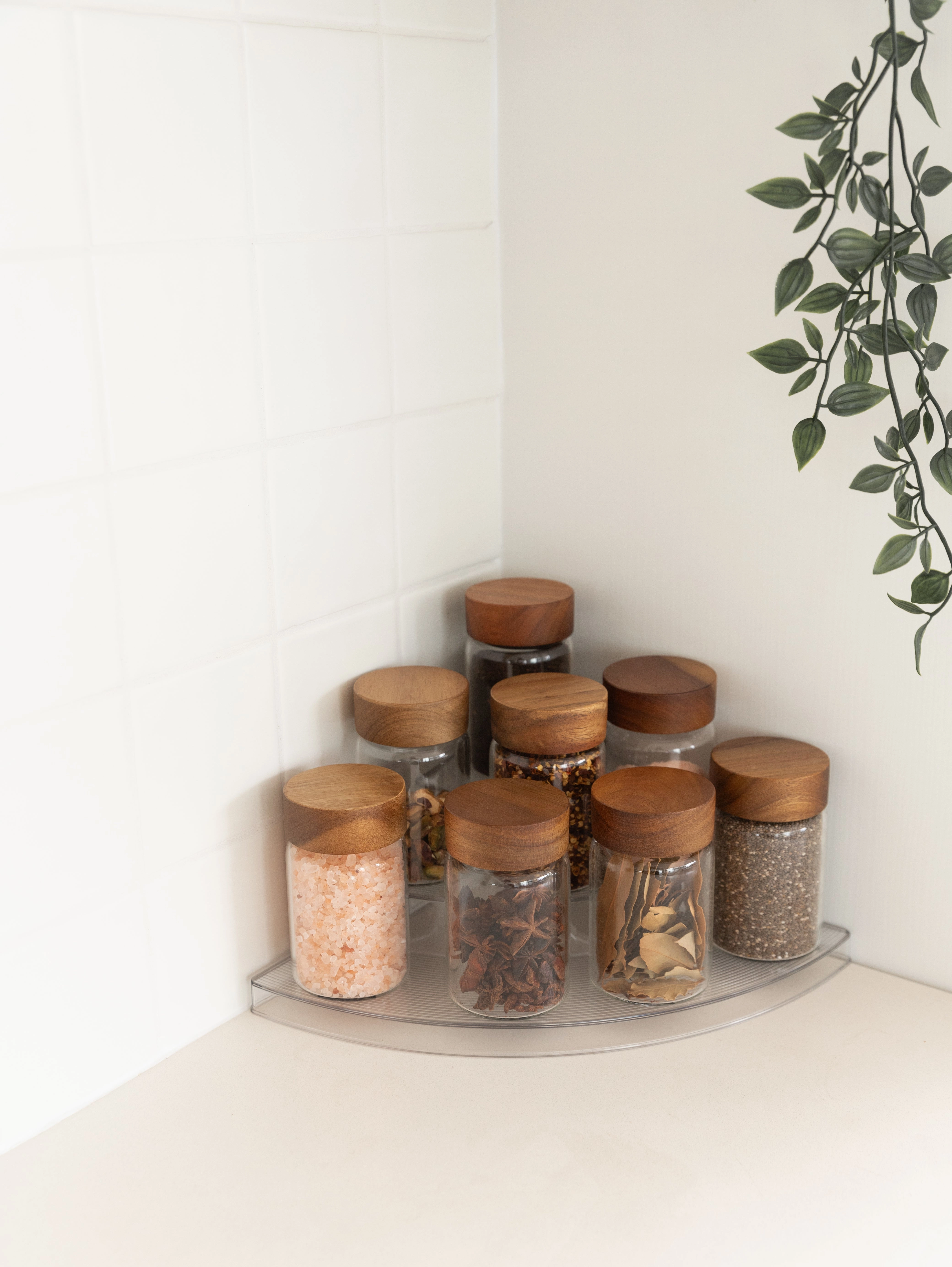 Clear 3-Tier Corner Shelf with 8x250ml Acacia Spice Jars