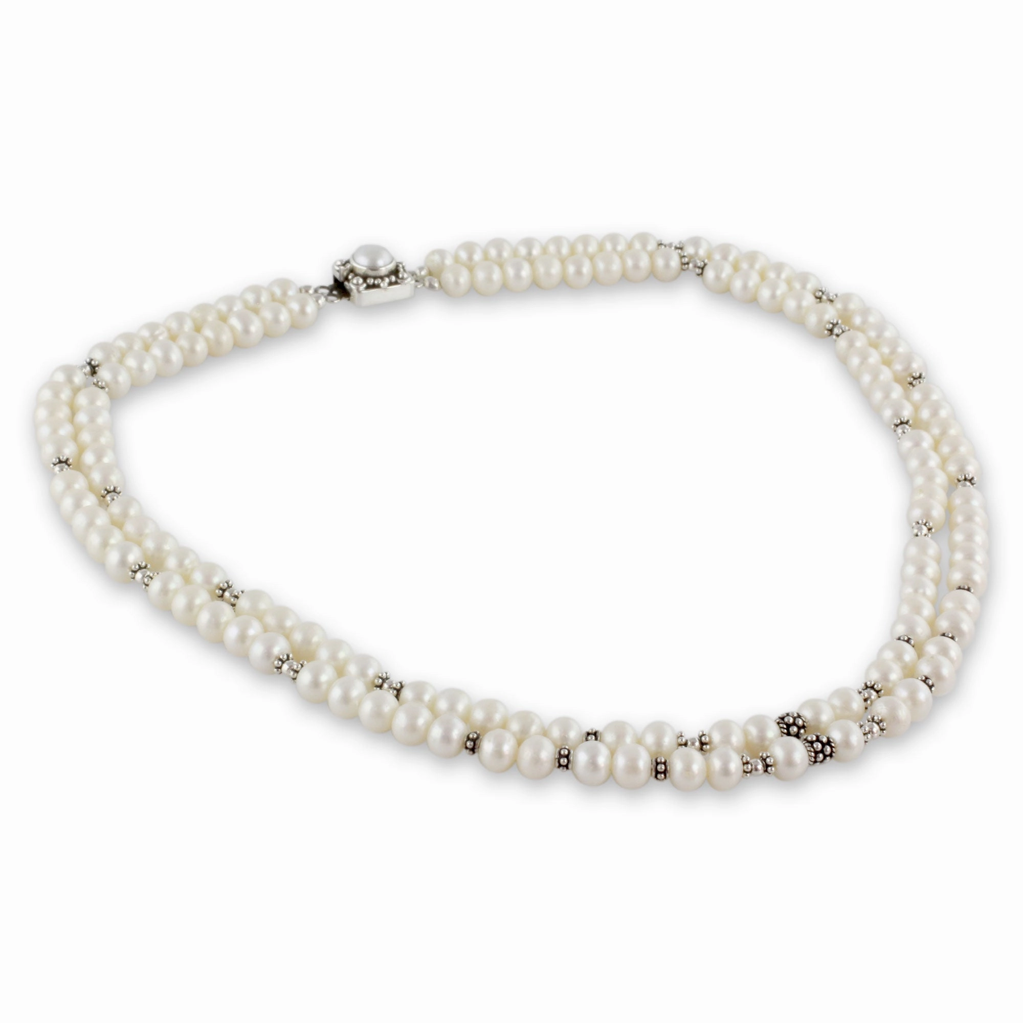 Cloud Song Handmade Double Pearl Strand Silver Necklace from India