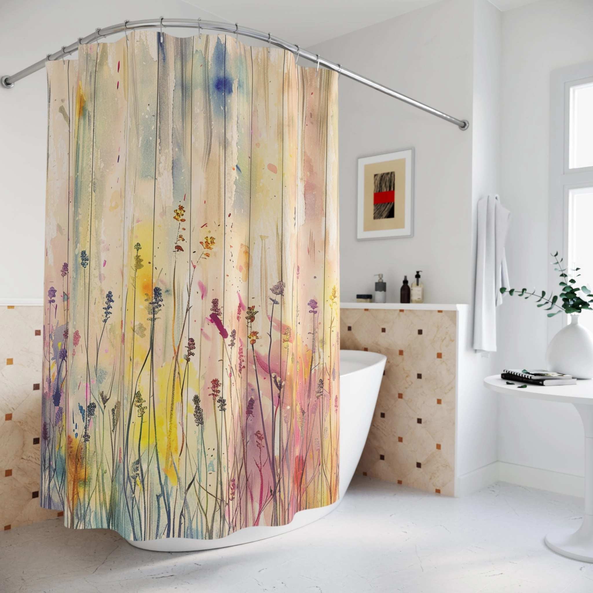 Colorful Watercolor Shower Curtain | Beige Pink Yellow