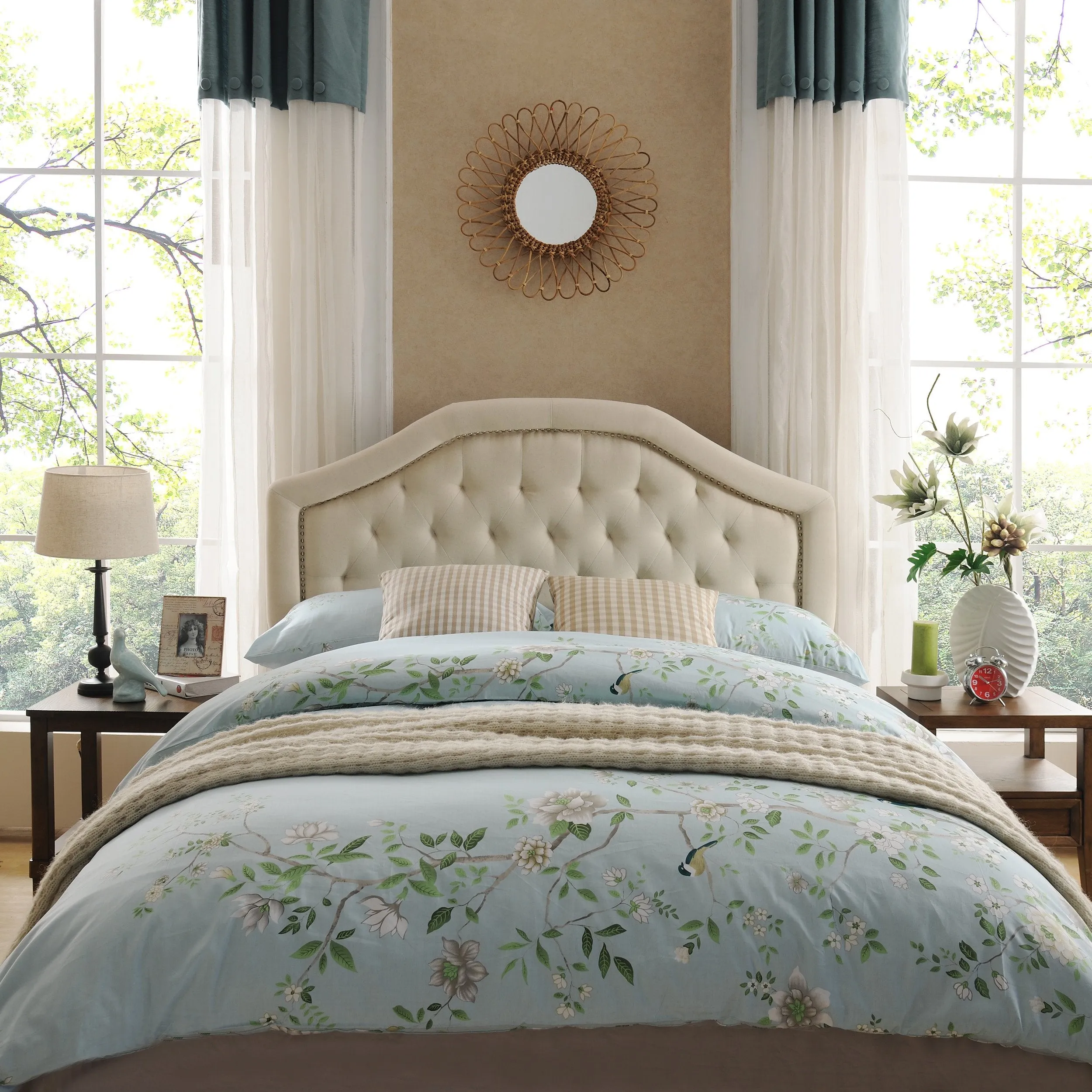 Contemporary Queen/Full Beige Upholstered Headboard w/ Nailhead Accents - NH974892 queen headboard, wooden headboard