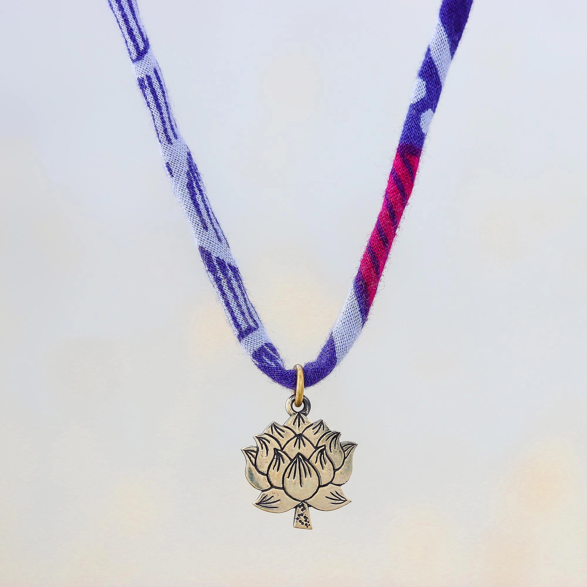 Cool Majestic Lotus Lotus Flower Brass Pendant Necklace in Purple from Thailand