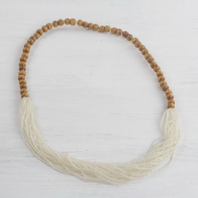 Cool White Beauty Recycled Glass Beaded Necklace in Cool White from Ghana