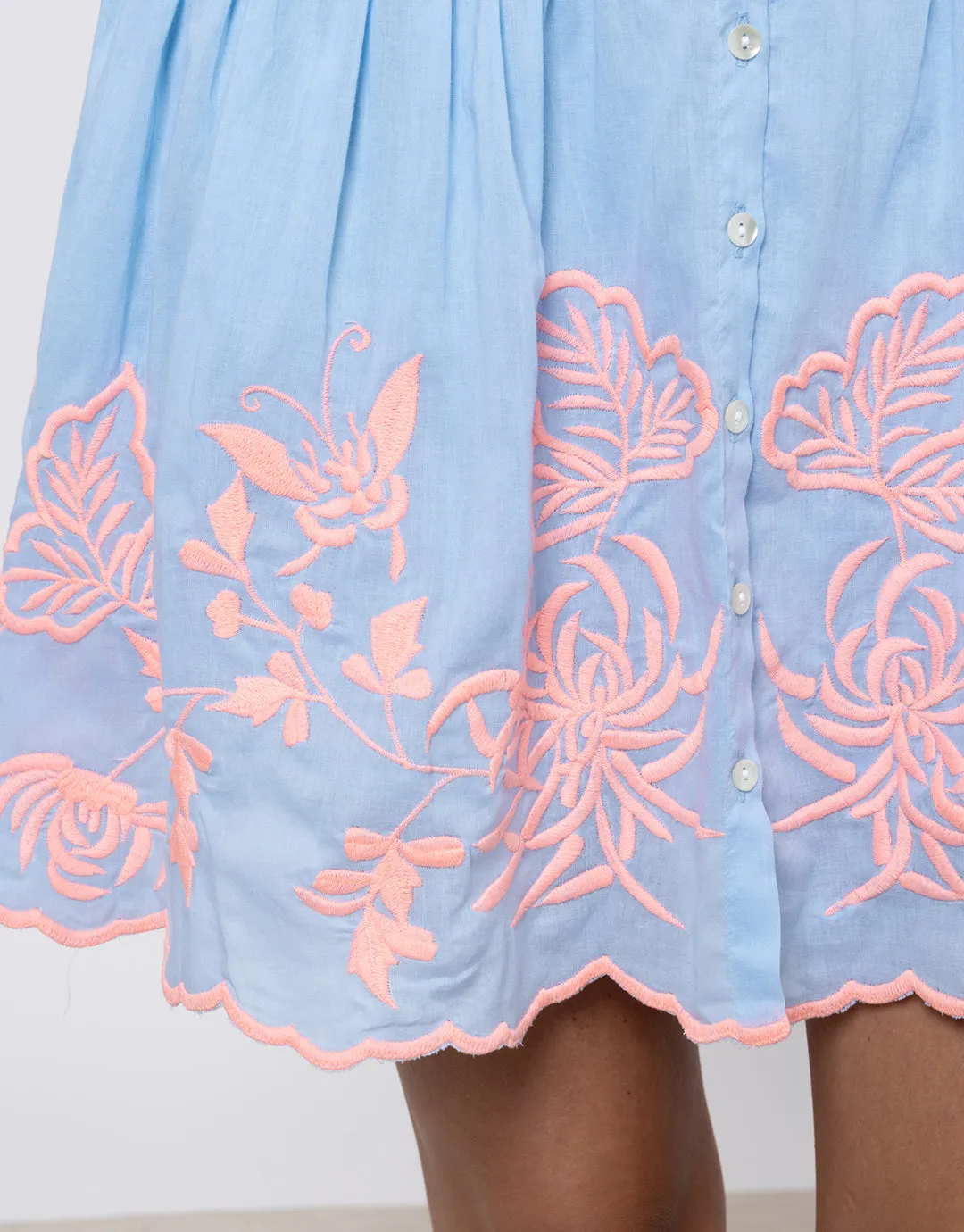 Cotton Blouson Dress with Butterfly Embroidery - Blue and Neon Pink