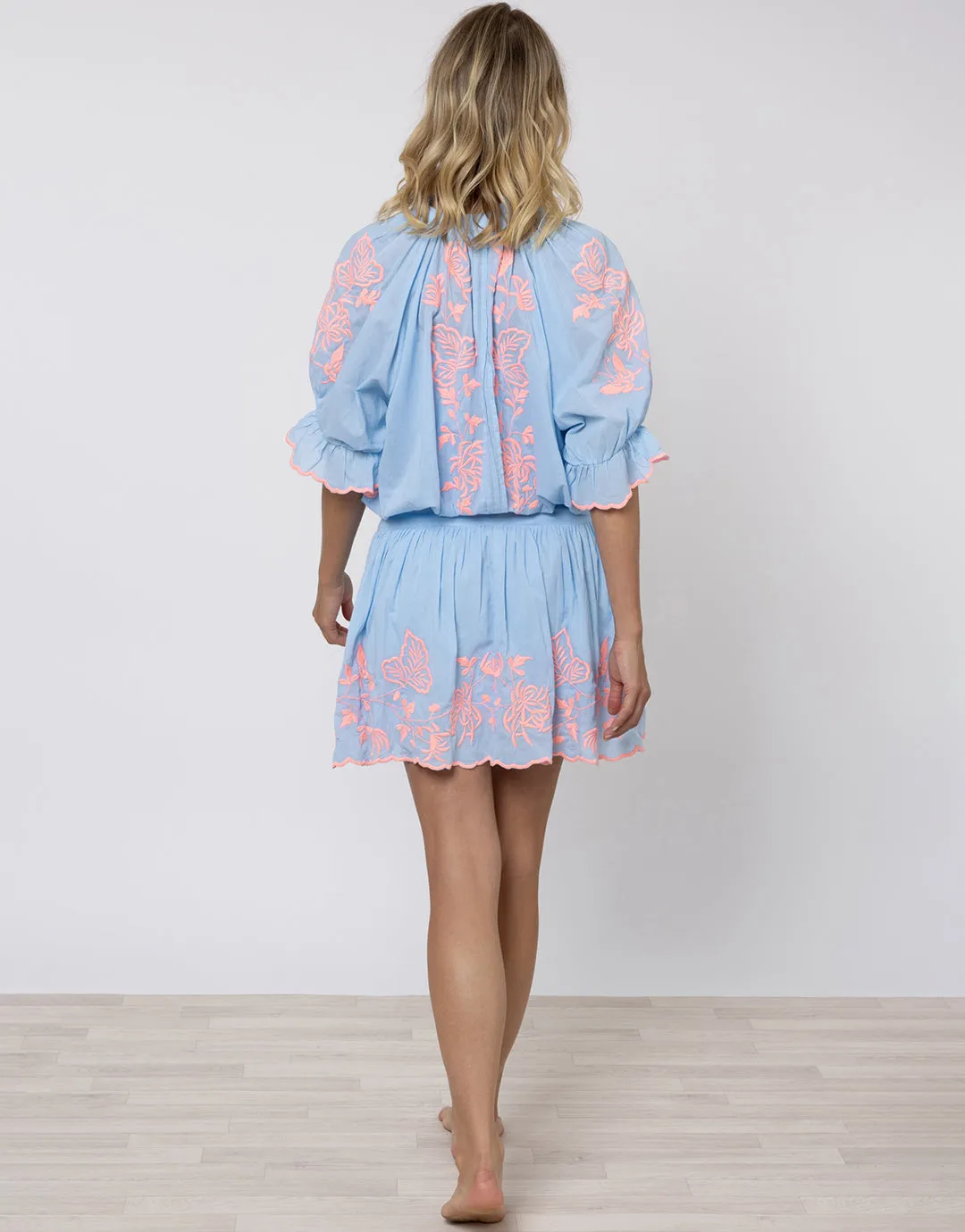 Cotton Blouson Dress with Butterfly Embroidery - Blue and Neon Pink