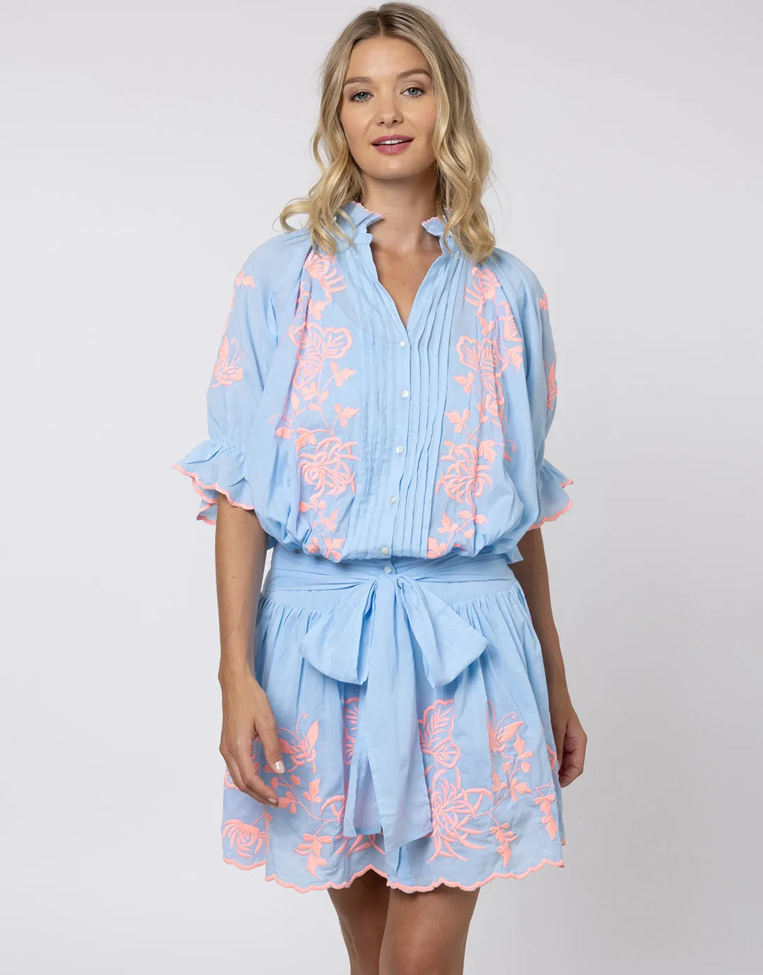 Cotton Blouson Dress with Butterfly Embroidery - Blue and Neon Pink