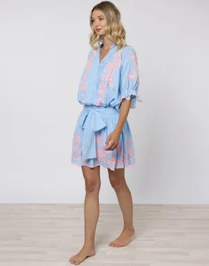 Cotton Blouson Dress with Butterfly Embroidery - Blue and Neon Pink