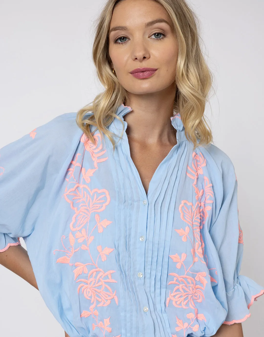 Cotton Blouson Dress with Butterfly Embroidery - Blue and Neon Pink