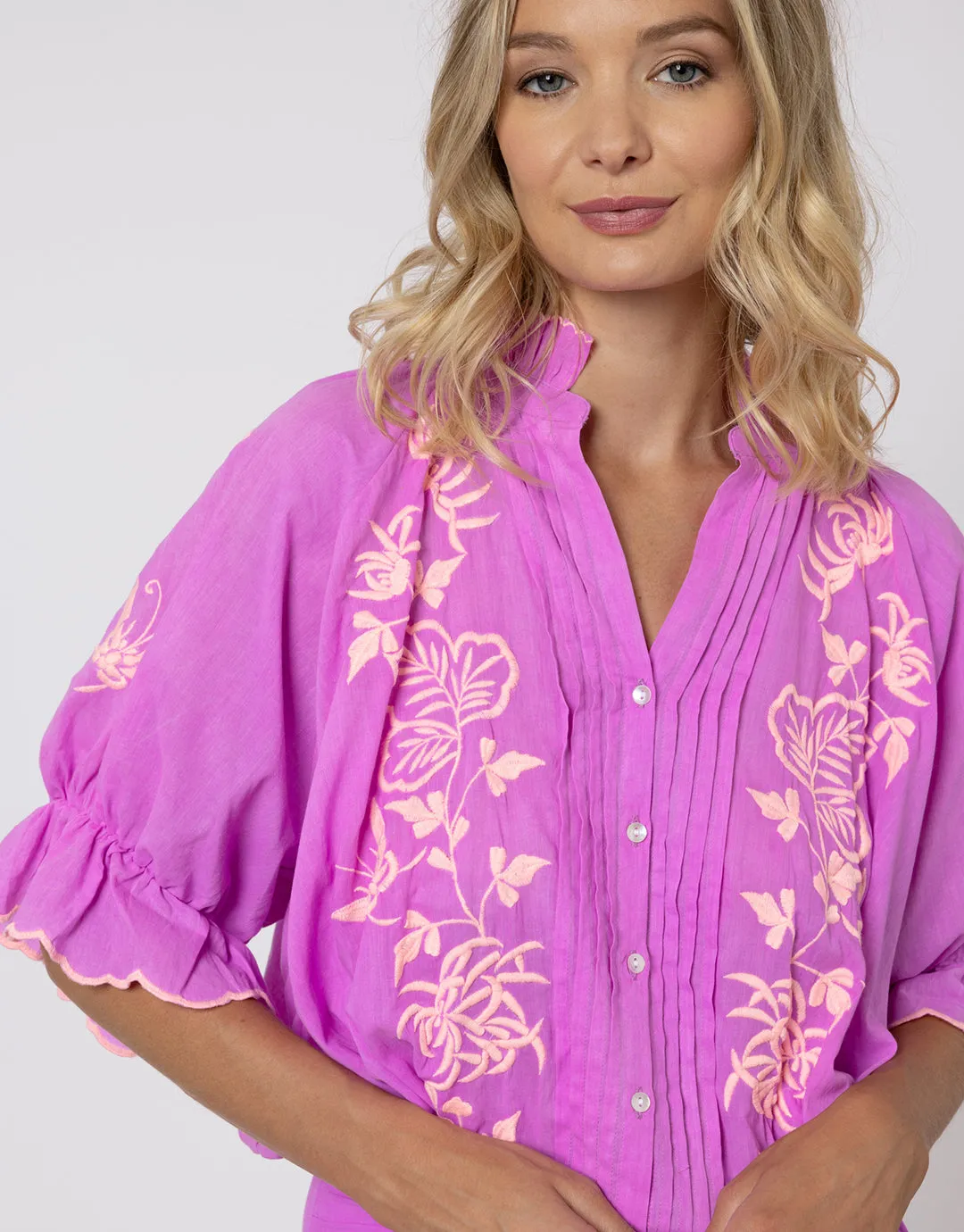 Cotton Blouson Dress with Butterfly Embroidery - Violet and Neon Peach