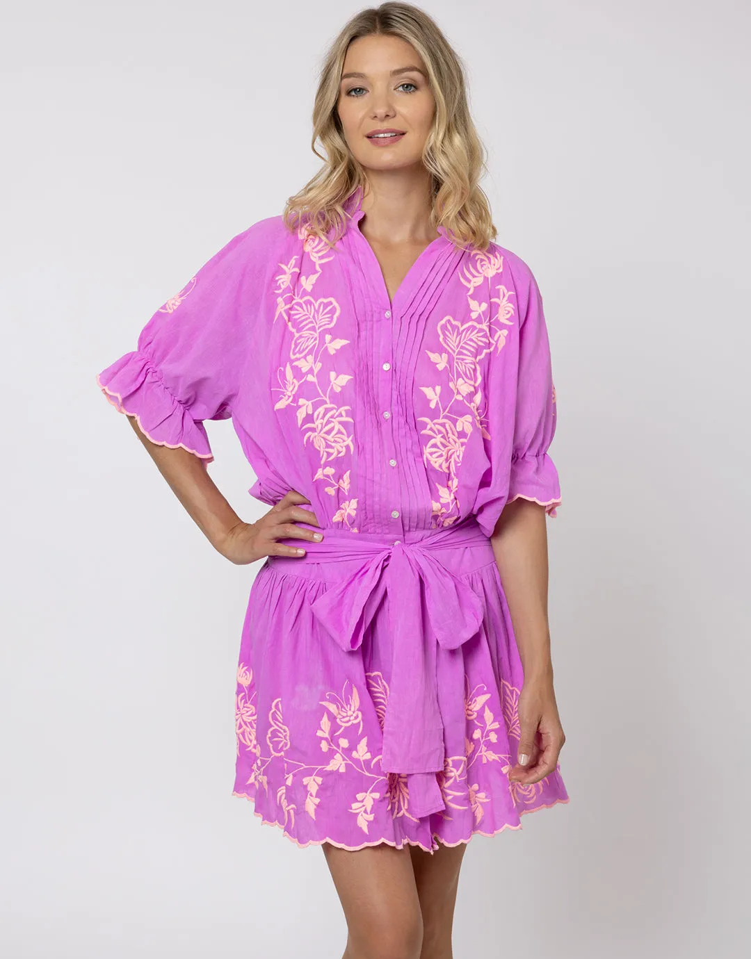 Cotton Blouson Dress with Butterfly Embroidery - Violet and Neon Peach