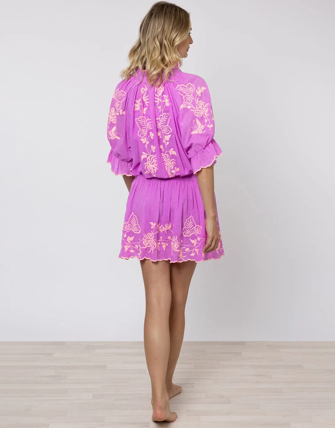 Cotton Blouson Dress with Butterfly Embroidery - Violet and Neon Peach