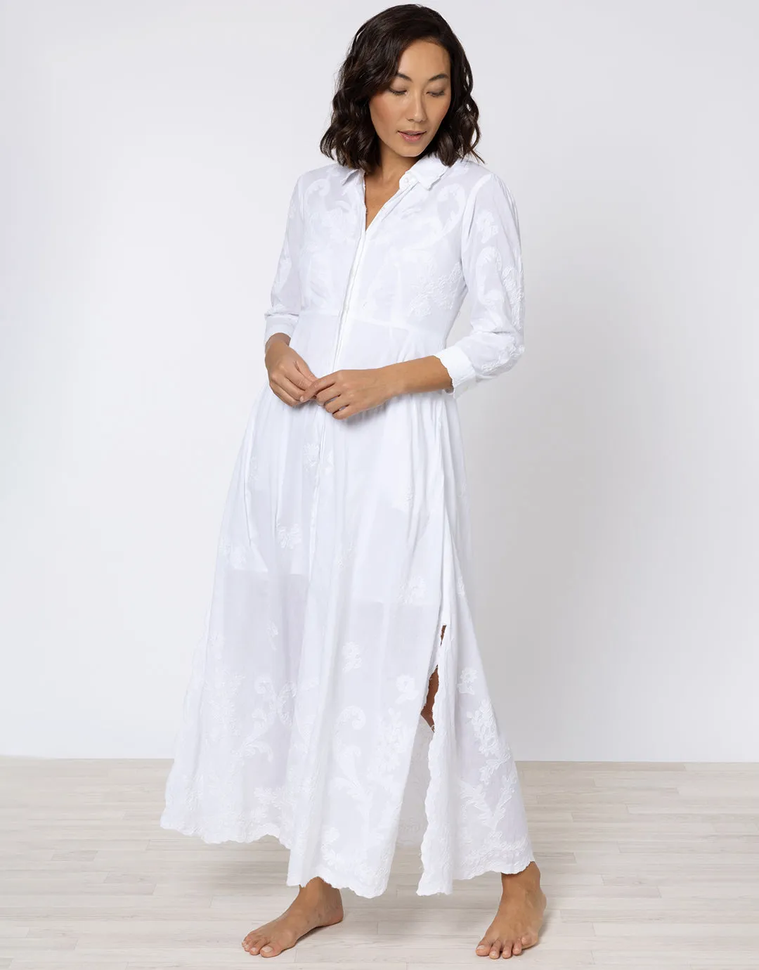 Cotton Maxi Dress with Vintage Embroidery - White