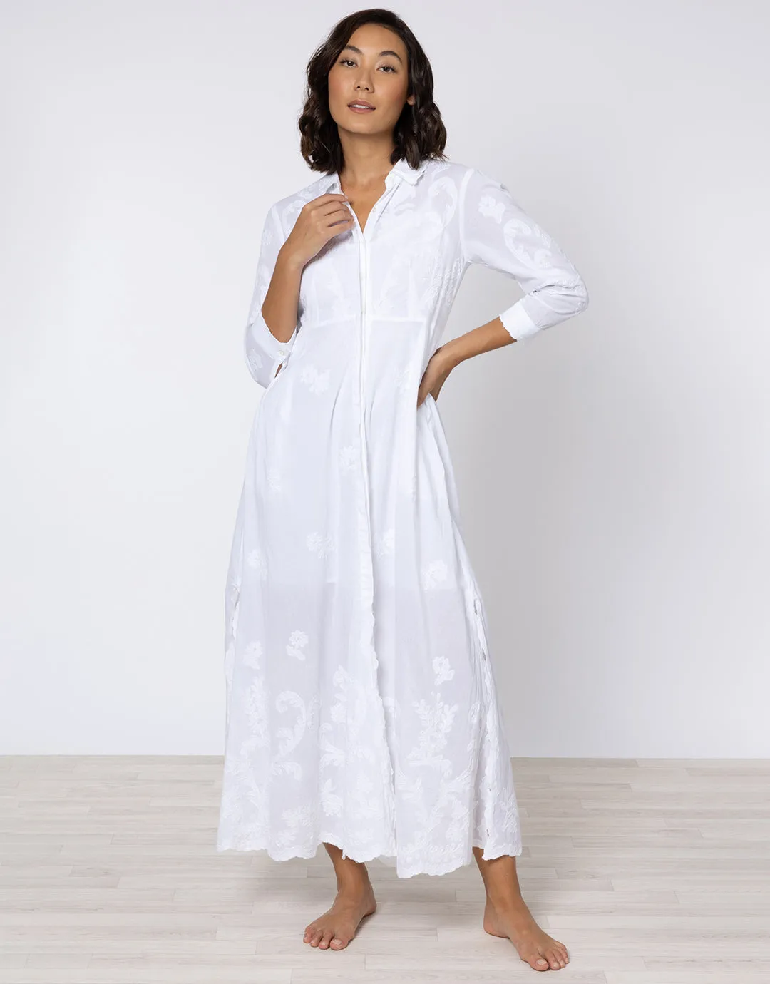 Cotton Maxi Dress with Vintage Embroidery - White