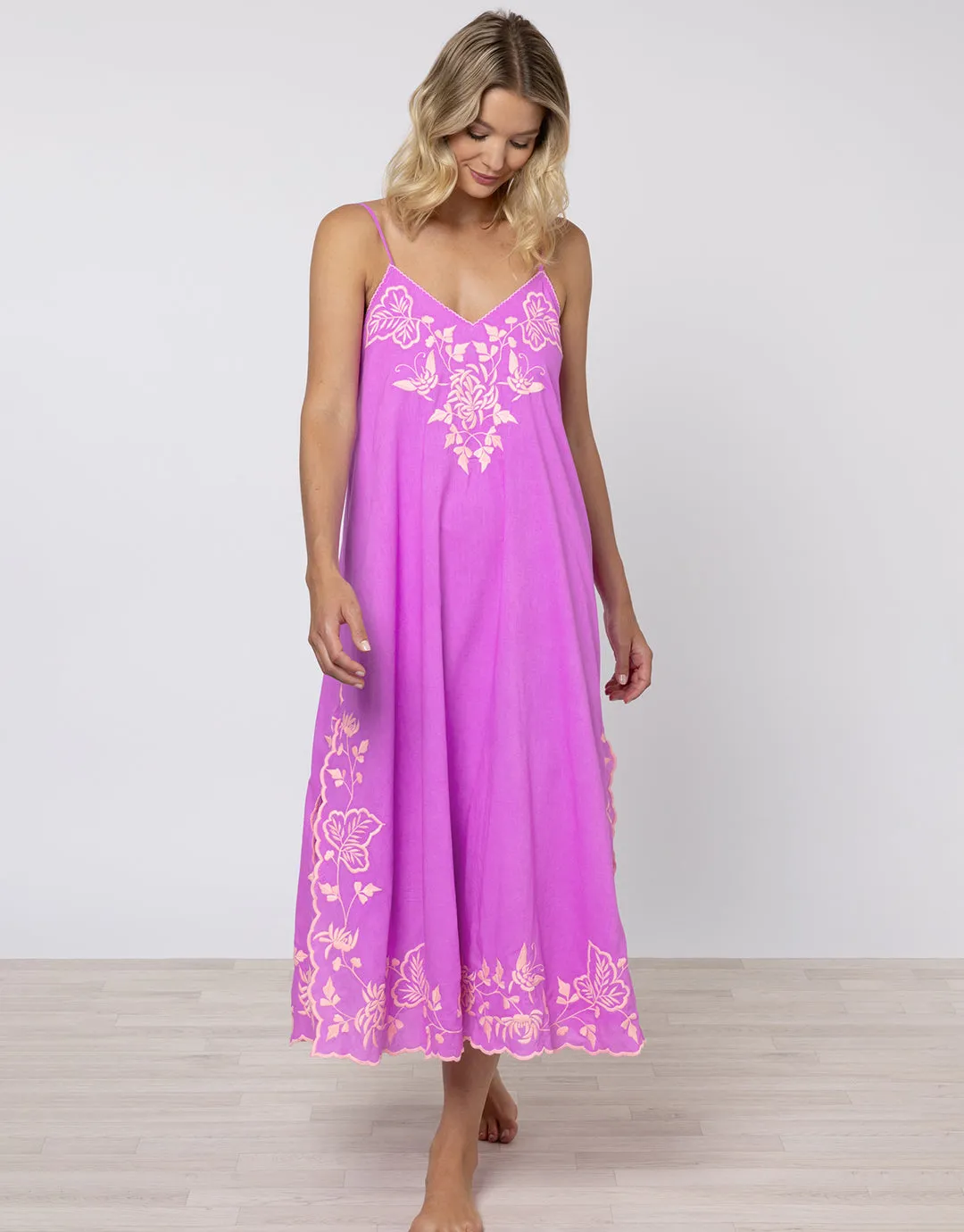 Cotton V-Neck Slip Dress with Butterfly Embroidery - Violet and Neon Peach