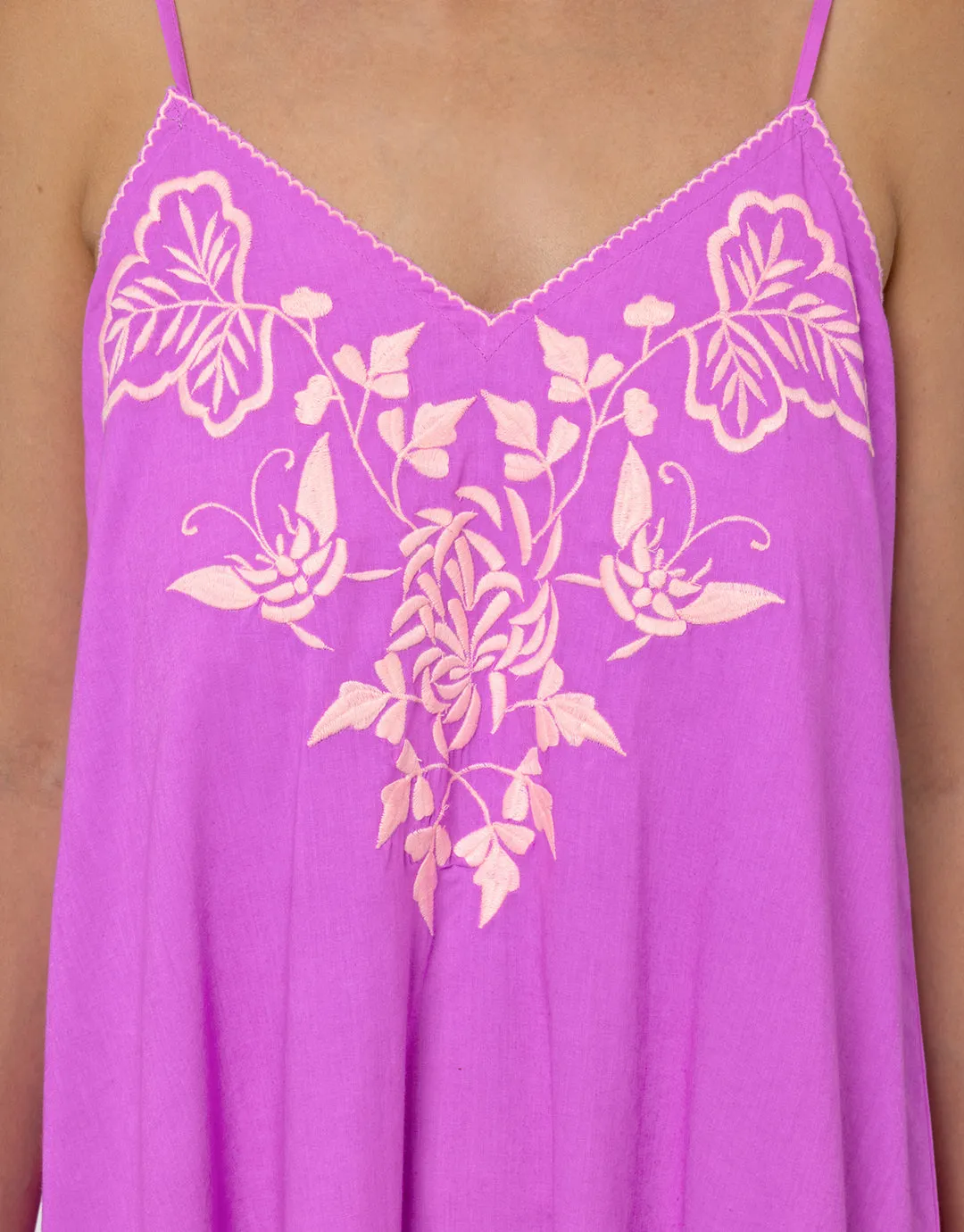 Cotton V-Neck Slip Dress with Butterfly Embroidery - Violet and Neon Peach
