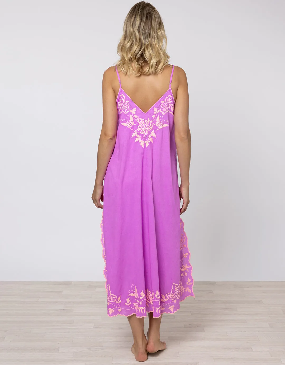 Cotton V-Neck Slip Dress with Butterfly Embroidery - Violet and Neon Peach