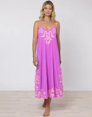 Cotton V-Neck Slip Dress with Butterfly Embroidery - Violet and Neon Peach