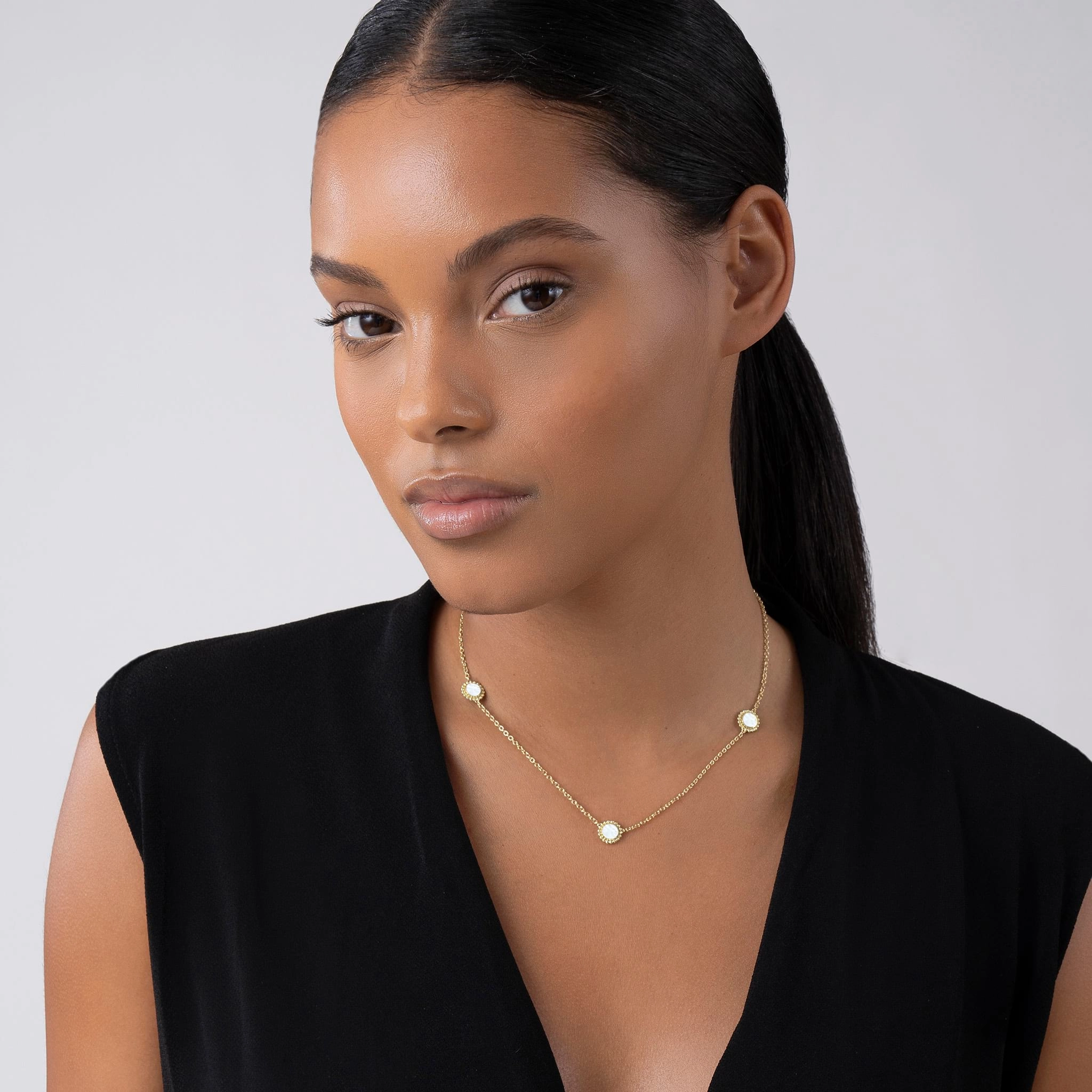 Covet Three Station Round Mother of Pearl Elevated Necklace