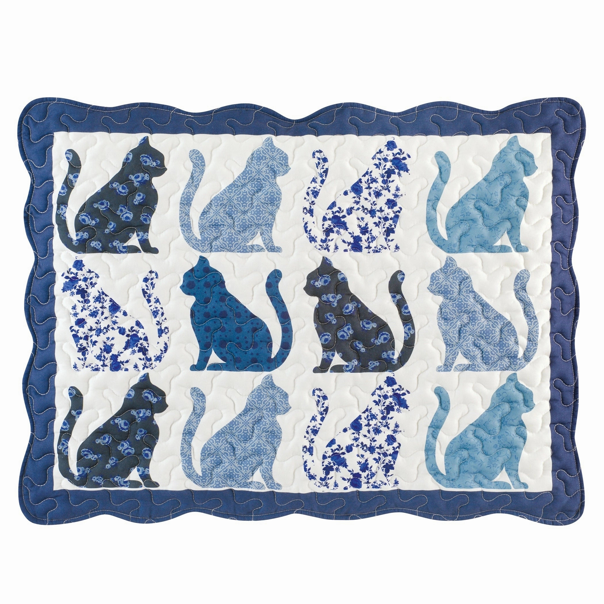 Cozy Chloe Blue-Toned Cat Design Scalloped Pillow Sham Set pillowcases,cotton pillow covers,bed linen