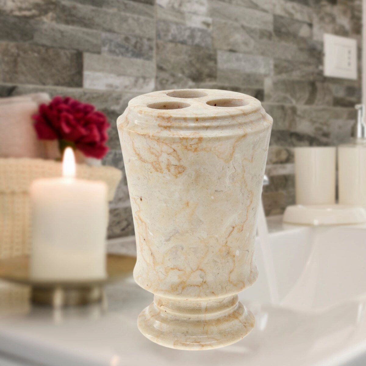 Creative Home Pedestal Colleciton Champagne Marble Toothbrush Holder, Tooth Brush Holder - Beige