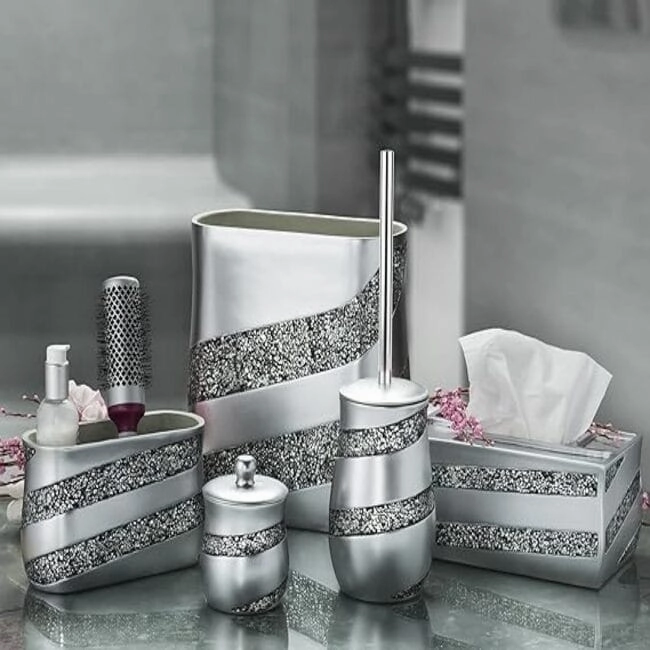 Creative Scents Silver Mosaic Toilet Bowl Brush and Holder Set - Gray