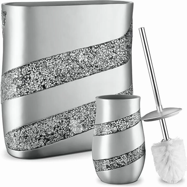 Creative Scents Silver Mosaic Toilet Bowl Brush and Holder Set - Gray